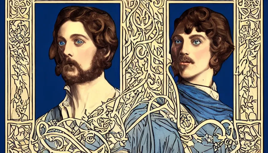 Image similar to art nouveau portrait of prince paul atreides with shining blue eyes