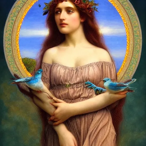 Prompt: Beautiful Pre-Raphaelite goddess of nature holding a little bird, in the style of John William Godward and Anna Dittman, close-up portrait, porcelain skin, head in focus, sacred mandala halo, flowers and plants, etheric, moody, intricate, mystical,
