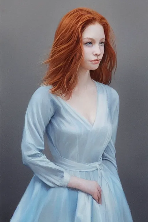 Image similar to a portrait of a young woman with ginger hair and light blue eyes wearing a traditional silk dress with very long sleeves. she looks at the viewer with a curious, witty expression. beautiful painting by artgerm and jia ruan.