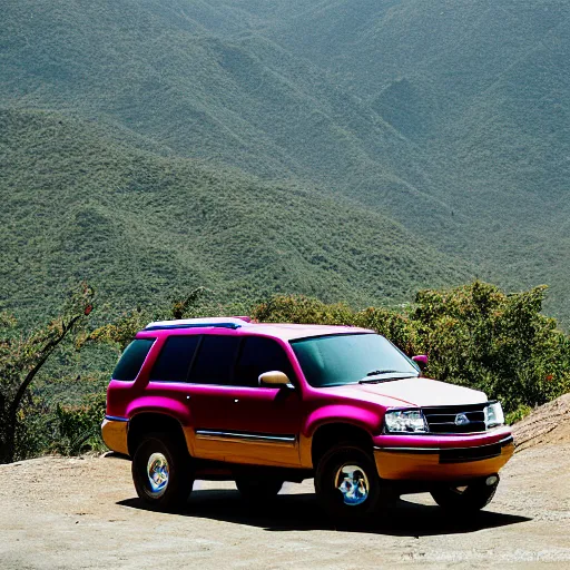 Prompt: a 2 0 0 3 chevy tahoe, parked at the top of a mountain in mexico, photography