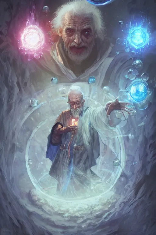 Prompt: acid mage necromancer old man passing portal into another dimensionexploding into space & bubbles, witch - doctor, crystals in eyes, d & d, fantasy, elegant, highly detailed, digital painting, artstation, concept art, cinematic lighting, illustration, art by artgerm and greg rutkowski and alphonse mucha