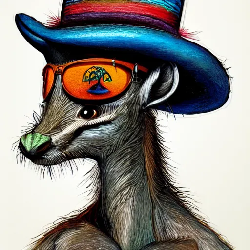 Image similar to a dik dik monster with tattoos wearing a fedora hat, colorful, digital art, fantasy, magic, trending on artstation, ultra detailed, professional illustration by basil gogos