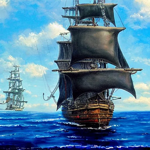 Image similar to pirates of the caribbean, the black pearl, sailing on a beautiful ocean, painting by greg rutowski