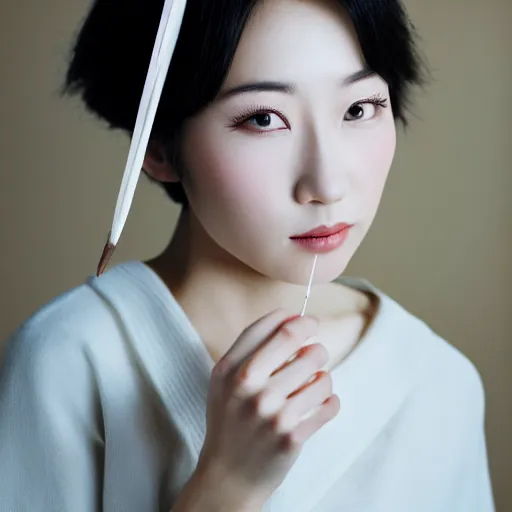 Image similar to photo portrait of beautiful Japanese women with perfect eyes and simetrical face, she have delicate traditional make up, holding a feather cinematic light, 8k,, akira kurosawa style