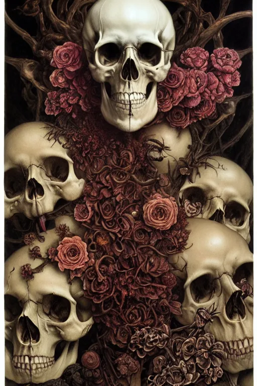 Image similar to portrair of skull candy, flowers and bones in the style of wayne barlowe, gustav moreau, goward, bussiere, roberto ferri, santiago caruso, luis ricardo falero, austin osman spare