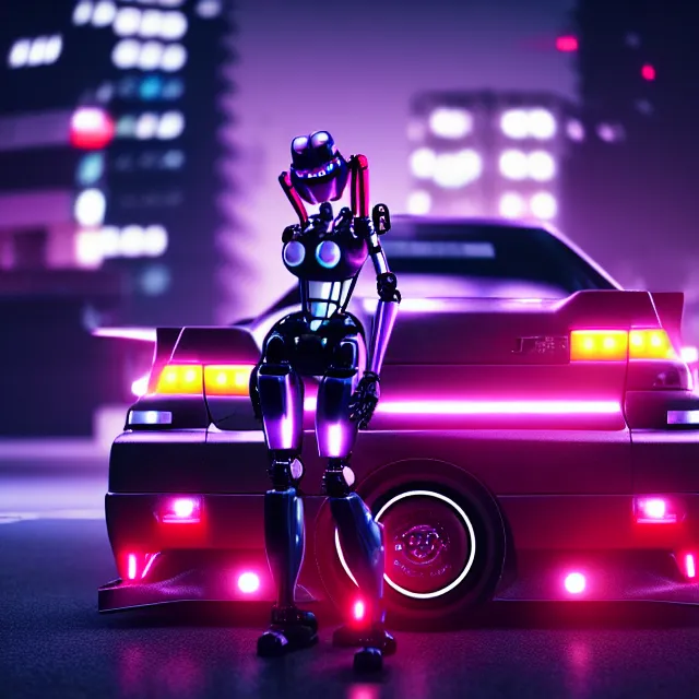 Prompt: toyota jzx 1 0 0 drift with pretty cyberpunk robot girl standing, detailed wheels, shibuya prefecture, cinematic lighting, photorealistic, night photography, octane render by tomino - sama