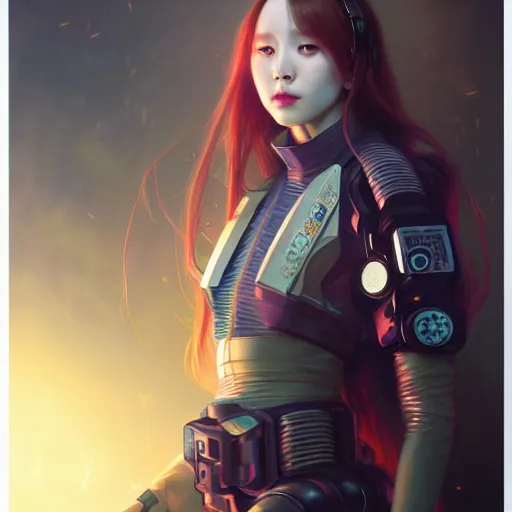 Image similar to portrait painting of cyberpunk chuu from loona as a cheerful smiling mercenary, ultra realistic, concept art, intricate details, eerie, highly detailed, photorealistic, octane render, 8 k, unreal engine. art by artgerm and greg rutkowski and magali villeneuve and alphonse mucha