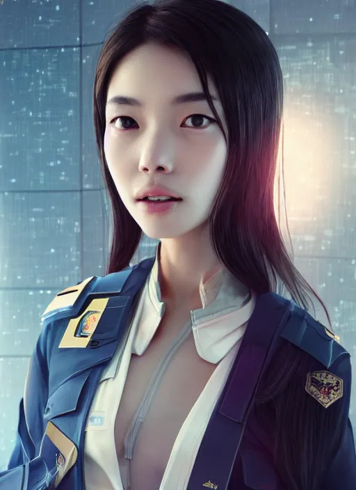 Image similar to portrait of angelababy, futuristic hong kong police uniform girl absurdly beautyfull, au naturel, hyper detailed, digital art, trending in artstation, cinematic lighting, studio quality, smooth render, unreal engine 5 rendered, octane rendered, art style by klimt and nixeu and ian sprigger and wlop and krenz cushart