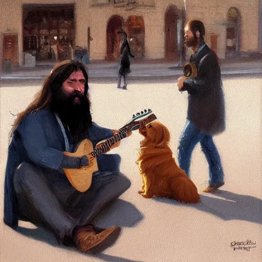 Prompt: oil painting of a man with long hair and a beard with his golden retrever dog playing guitar in the square for money, by greg rutkowski, artstation