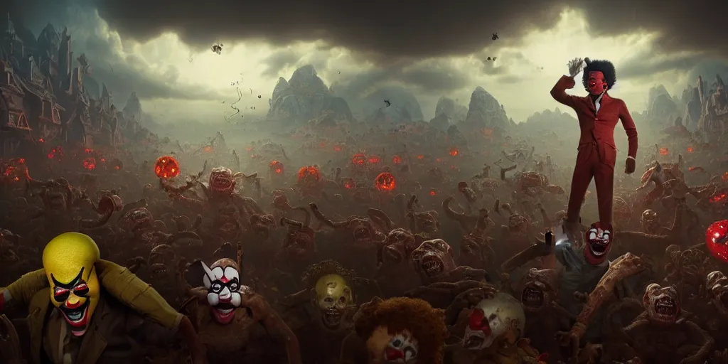 Image similar to samuel jacksons face on spongebobs body battling a horde of clown faced aliens, digital art, landscape, fantasy art, octane render, unreal engine, high detail, very realistic, by greg rutkowski. by james gurney