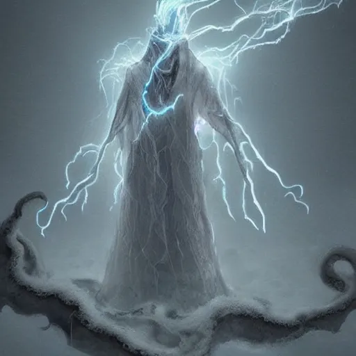 Image similar to concept designs for an ethereal ghostly wraith like figure made from wispy billowing smoke and sparks of electricity with a squid like parasite latched onto its head and long tentacle arms that flow lazily but gracefully at its sides like a cloak while it floats around a frozen rocky tundra in the snow searching for lost souls and that hides amongst the shadows in the trees, this character has hydrokinesis and electrokinesis for the resident evil village video game franchise with inspiration from the franchise Bloodborne and the mind flayer from stranger things on netflix in the style of a marvel comic