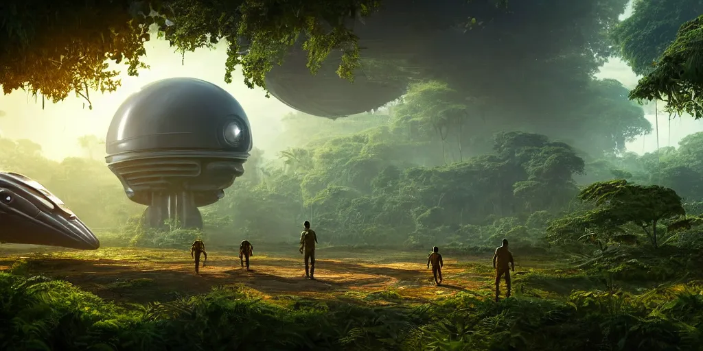 Image similar to a huge futuristic rusty old alien spaceship, next to it a smaller exploration ship on a landing pad, surrounded by a lush jungle, in the foreground two explorers are having a conversation and small animals! are walking around, golden hour, volumetric light, hyperdetailed, artstation, cgsociety, 8k