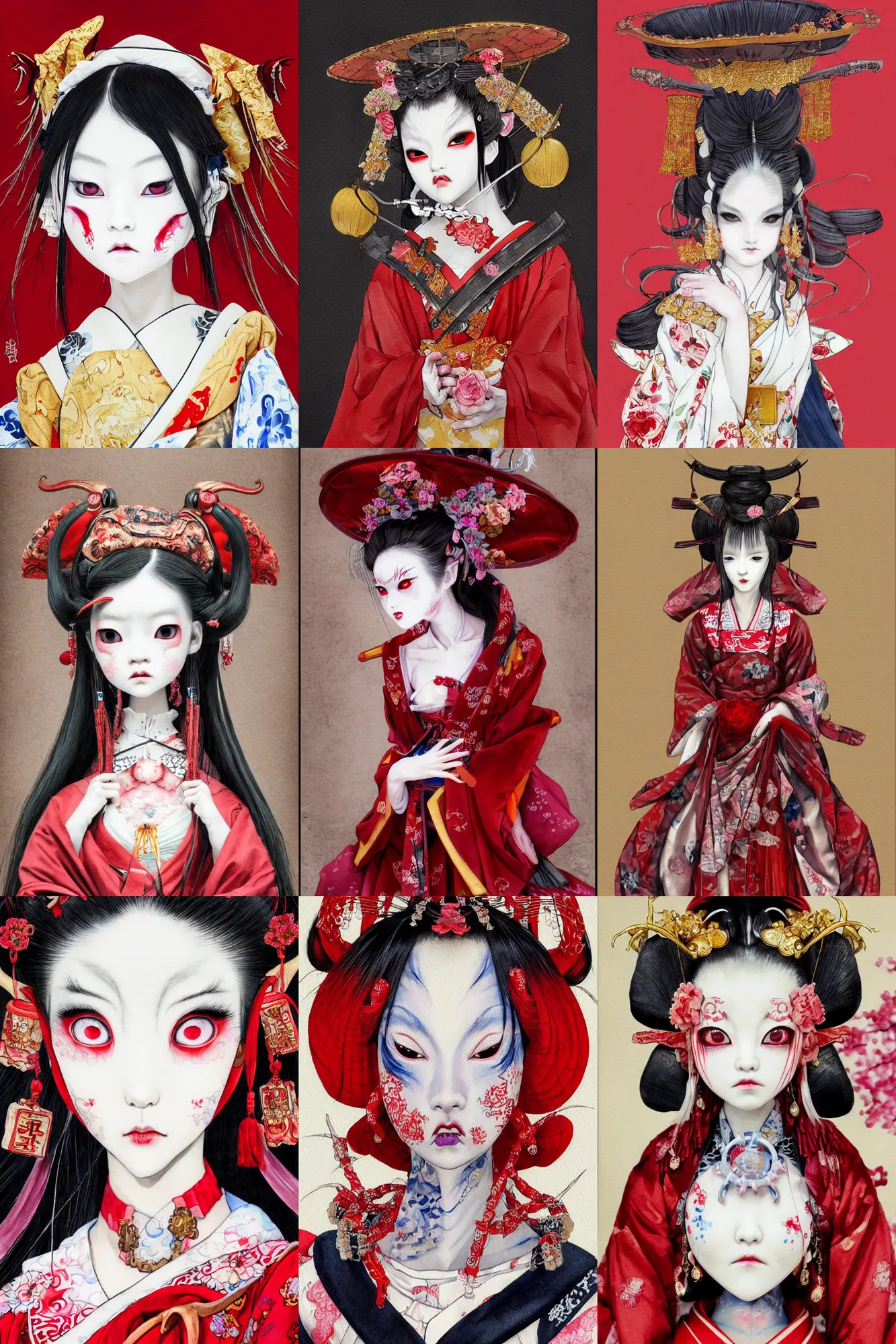 Prompt: watercolor painting of a japanese bjd geisha oni demon with a long neck in victorian lolita fashion red dress in the style of dark - fantasy painted by yoshitaka amano, wlop, ayami kojima, dmt art, symmetrical vogue face portrait, intricate detail, artstation, cgsociety, artgerm, rococo, gold