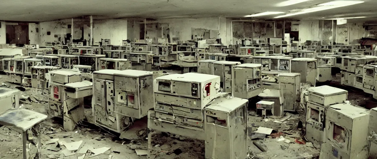 Image similar to movie still 4 k uhd 3 5 mm film color photograph of an abandoned computer laboratory full of 4 0 s decade of xx century vacuumtube computers