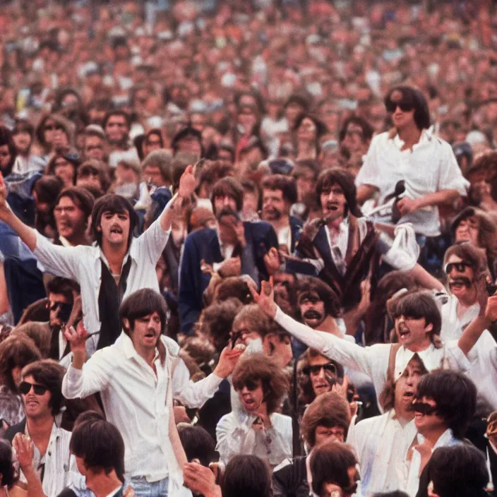 Image similar to The Beatles reunion at the Live Aid concert, 1985, concert photography, 4k