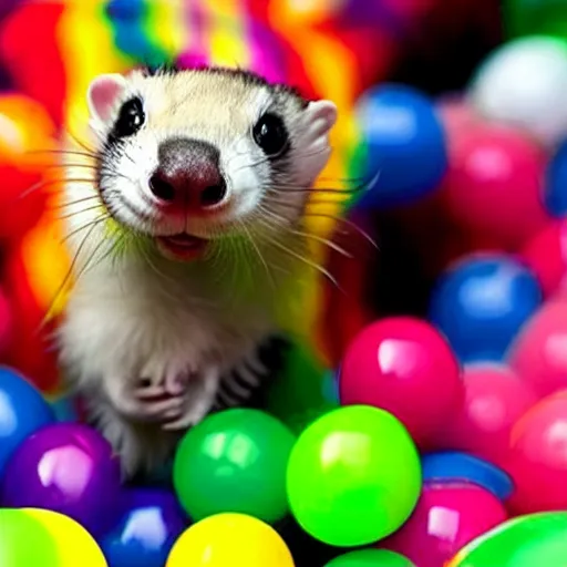 Image similar to ferret with clown makeup, in a ball pit