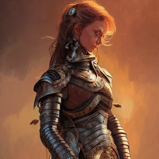 Image similar to portrait of a rugged female as a bruised knight with a shield and heavy armor, fantasy, intricate, headshot, highly detailed, digital painting, artstation, concept art, sharp focus, cinematic lighting, illustration, art by artgerm and greg rutkowski, alphonse mucha, cgsociety