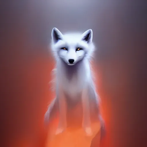 Prompt: A painting of a ghostly white fox in mist with very detailed ghostly fur, volumetric mist and red light, trending on artstation, concept art, vivid color, ultra detailed.