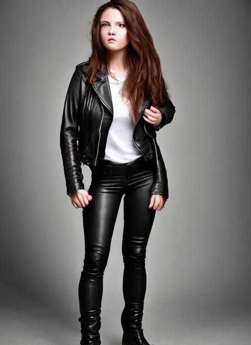 Prompt: young woman in her 20s, she wears a leather jacket and boots, full body shot, taken by a nikon, very detailed face