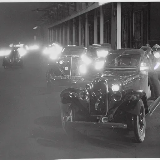 Prompt: In connection with the recent air-raid precautionary experiments in North Germany… motorists were required to join in the 'black out' at night. Headlights had to be covered with cloth hoods with small slits… Speeds of 15mph were not to be exceeded, 1937 photo