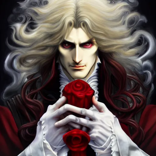 Prompt: alucard from csatlevania, baroque style, by ayami kojima, masterpiece, 8 k, 4 k, highly detailed, complex, artstation