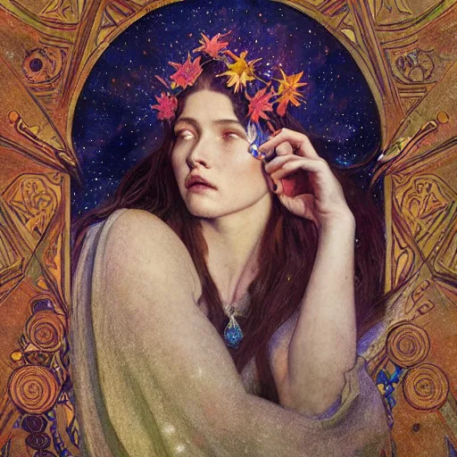 Image similar to queen of the moon with stars in her hair, by annie swynnerton and tino rodriguez and nicholas roerich and jean delville and donato giancola and tom bagshaw, dramatic lighting, floral tattoos, rich colors, smooth sharp focus, extremely detailed, adolf wolfli