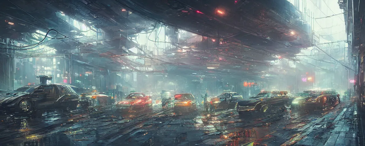 Prompt: under a highway bridge of a cyberpunk city, rain, night, flying shuttles, advertising pannels, rays of light, james gurney, greg rutkowski, unreal engine 5, artstation