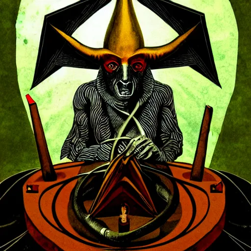 Prompt: graphic illustration, creative design, aleister crowley with baphomet, biopunk, francis bacon, highly detailed, hunter s thompson, concept art