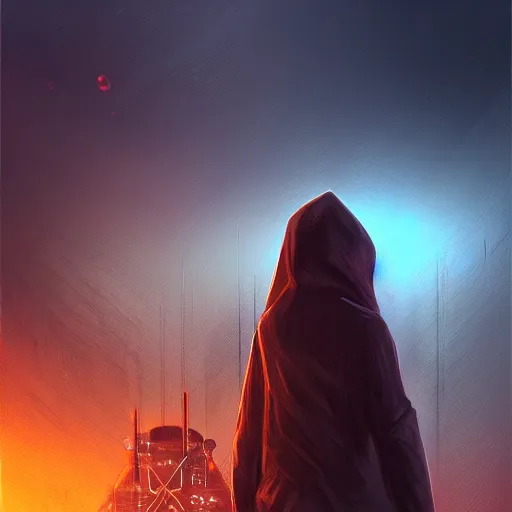 Image similar to hooded figure standing at the edge of reality gazing into the unknown, sunset on distant machine planet, steampunk, cyberpunk, detailed digital painting, smooth, sharp focus, artstation, artgerm, 4 k ultra hd, fantasy dark art