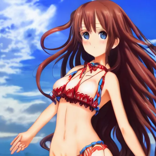 Image similar to a very beautiful young yuuki asuna,, full body, long wavy hair, sky blue eyes, full round face, bikini, miniskirt,, cinematic wallpaper by kentaro miura