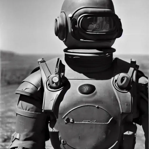 Prompt: war photography usa power armor 1 9 5 0 s