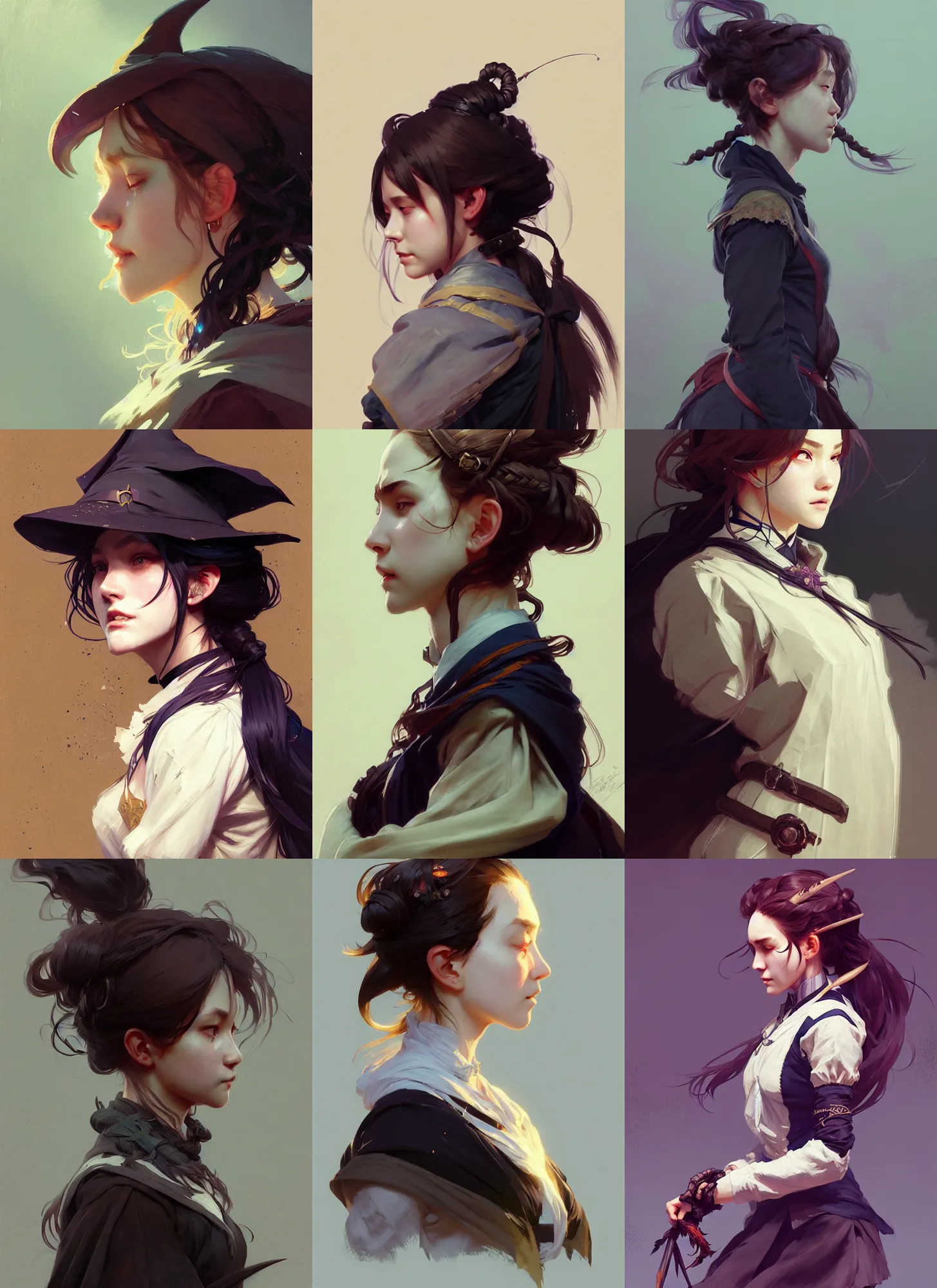 Prompt: side portrait of a rugged girl witch wearing magic school uniform, cinematic, elaborate, elegant, masterpiece, illustration, digital painting, concept art, trending on artstation, pixiv, art by ruan jia and hong soonsang and wlop and artgerm and greg rutkowski and alphonse mucha