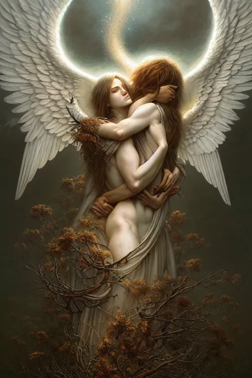 Prompt: angelic embrace by anna podedworna, ayami kojima, greg rutkowski, giger, maxim verehin