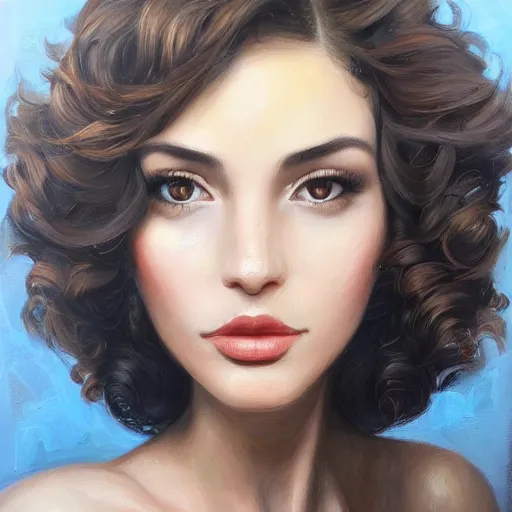 Image similar to beautiful portrait face centre oil on canvas of brunette with curly hairstyle, looks like Ebru Şahin, Reyyan, looks like Fabiula Nascimento, looks like Laura Barriales, intricate, elegant, highly detailed, artstation, concept art, sharp focus, art by Alina Ivanchenko, Rob Ross, WLUP, artgerm