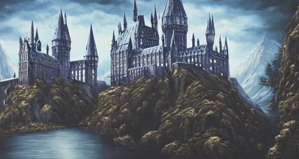 Prompt: a super detailed beautiful painting of hogwarts by shaddy safadi, 8 k, blue hue, warm lighting, cyberpunk trending on artstation