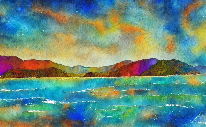 Image similar to golden bay abel tasman new zealand in the style of psychedelic watercolor painting, digital art, high quality, highly detailed, high coherence,, concept art, marterpiece