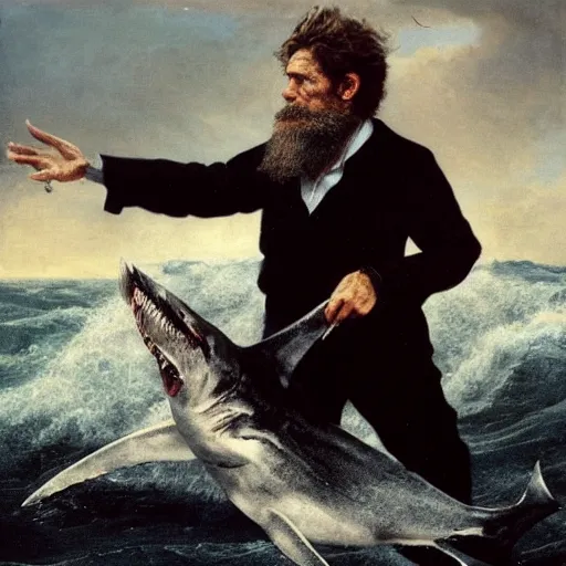 Prompt: An old sailor with a beard, Willem Dafoe, holds a shark at arm's length, stands against the background of a raging sea, the background is blurred, focus in the foreground, realism, details,