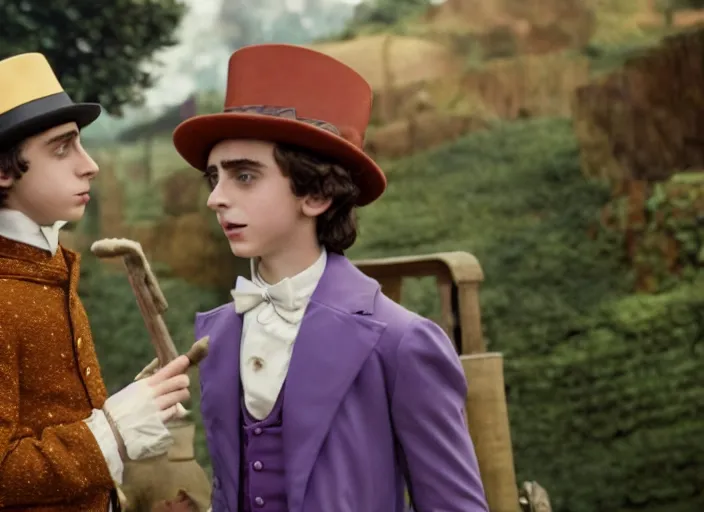 Image similar to film still of Timothée Chalamet as Willy Wonka in new Willy Wonka movie, 4k