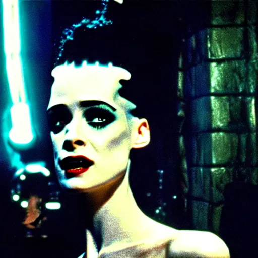 Image similar to cinematic portrait of surprised kristen mcmenamy as bride of frankenstein as a replicant in a busy nightclub,, still from the movie bladerunner, fashion photography, a sign is in the background, 8 k, high detail, face in focus