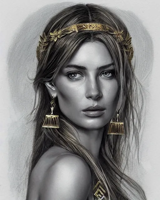 Image similar to realism tattoo sketch of jessica hart as a beautiful greek goddess aphrodite with piercing eyes wearing a laurel wreath and triangle earrings, in the style of greg rutkowski, amazing detail