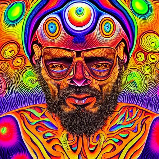 Image similar to Terence McKenna reincarnated as a magic mushroom. in style of Alex Grey, highly detailed, blacklight poster