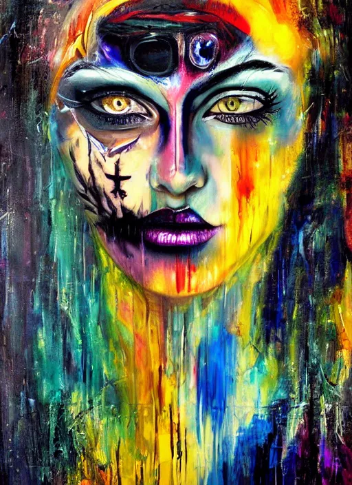 Prompt: enlightened magic cult psychic woman, painted face, third eye, energetic consciousness psychedelic, epic surrealism expressionism symbolism, story telling, iconic, dark robed, oil painting, symmetrical face, dark myth mythos, by sandra chevrier, joan mitchell masterpiece