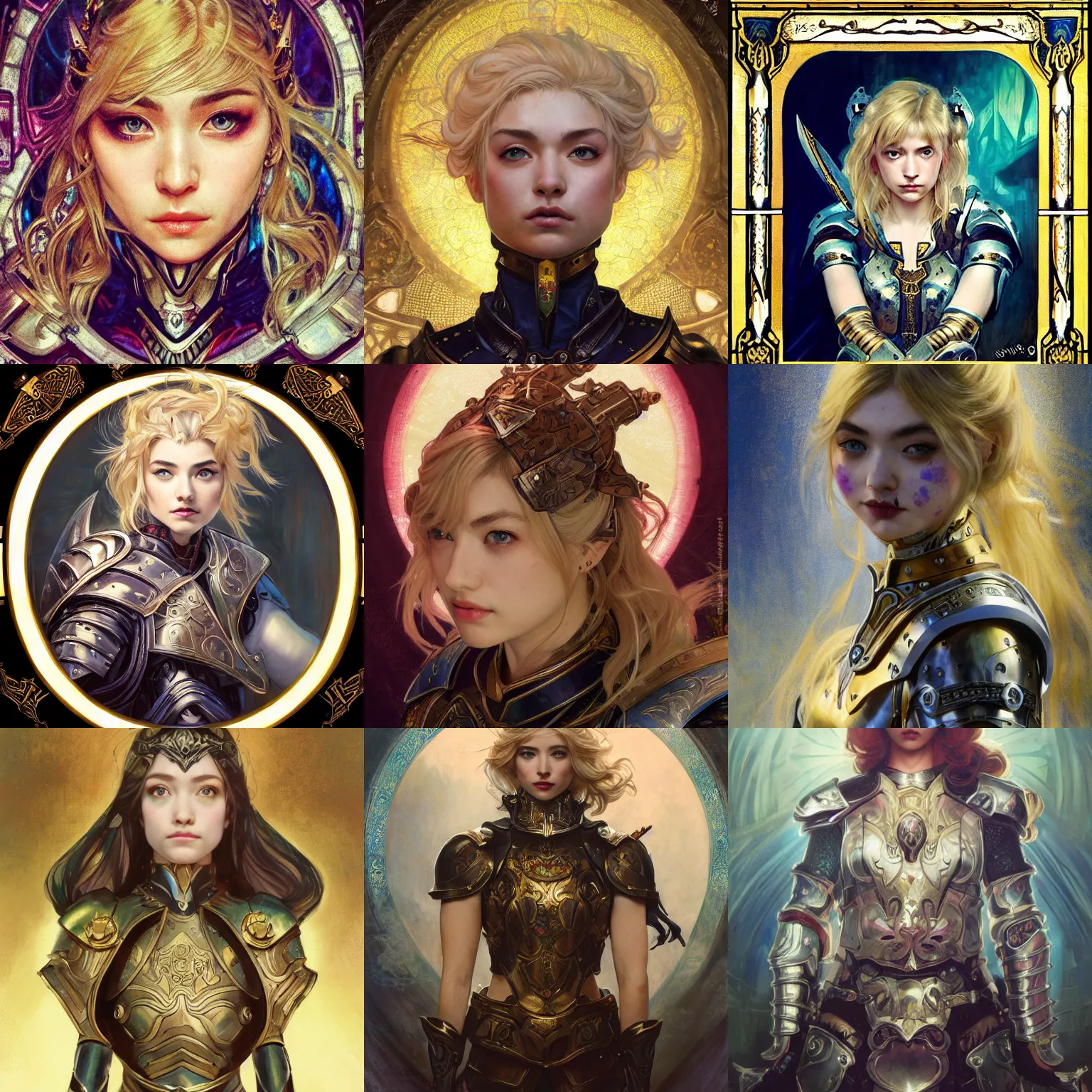 Prompt: masterpiece head-on symmetrical centered painted portrait, Imogen Poots as a paladin, Warcraft theme, blonde hair, glorious, wearing full metal armour, glowing stained glass backdrop, elegant, in the style of Ruan Jia and Artgerm and Edgar Maxence and Ross Tran and Alphonse Mucha and Ayami Kojima and Charlie Bowater and Greg Rutkowski and Karol Bak and Jean Delville, Art Nouveau, Pre-Raphaelite, Neo-Gothic, gothic, Art Nouveau, rich deep moody colors, 8k, specular highlights, octane render