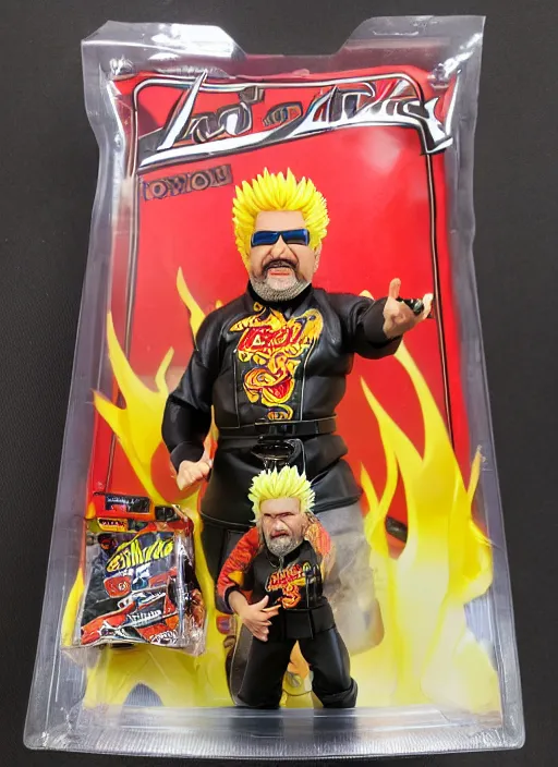 Image similar to black series action figure of guy fieri with barfing action, pristine box, toy still in package, ebay, extremely detailed
