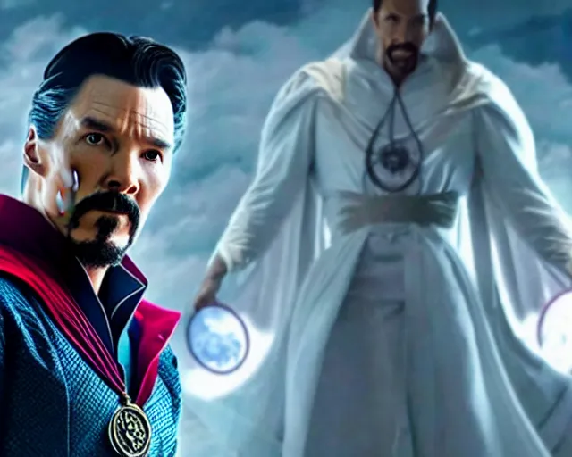 Prompt: still of dr. strange looking at moon knight dressed in his white suit, in avengers movie
