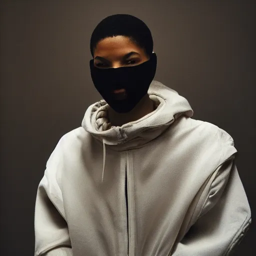 Image similar to realistic photoshooting for a new balenciaga lookbook, color film photography, portrait of a beautiful woman, model is wearing a balaclava mask, in style of tyler mitchell, 3 5 mm,