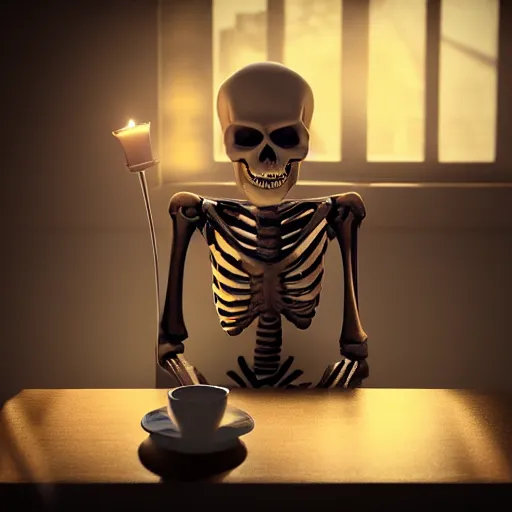 Image similar to smirking good skeleton drinking tea. deep in a dark dungeon. realistic, ray tracing, render 3 d, artstation, masterpiece, hyper realism, sharp focus, dramatic ambient light, close up, cinematic, octane render, noir light style