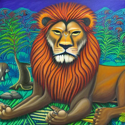 Image similar to an anthromorphic lion man meditating in an african zen garden, by amanda clark in a psychedelic style, oil on canvas