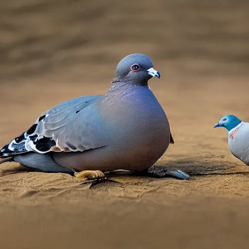 Prompt: a photo of a pigeon standing on a turtle's shell,