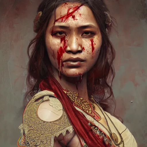 Prompt: portrait painting of a bloodied nepali female butcher wearing low cut sari, ultra realistic, concept art, intricate details, eerie, highly detailed, photorealistic, octane render, 8 k, unreal engine. art by artgerm and greg rutkowski and alphonse mucha